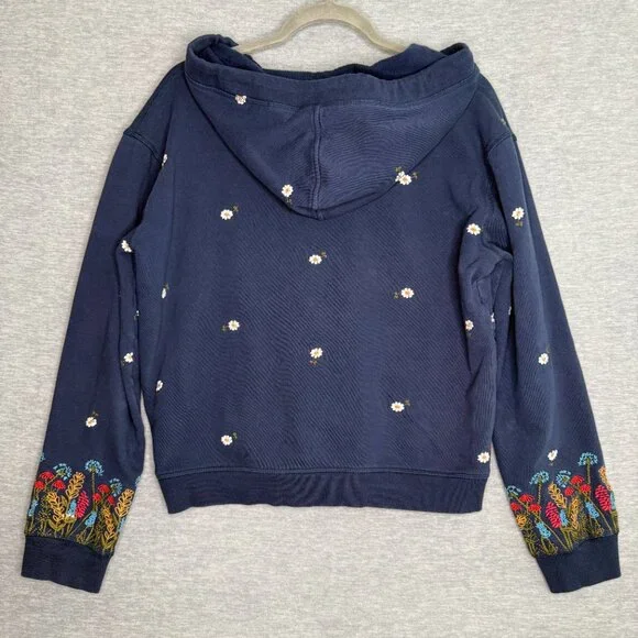 Sundance Size Large Navy Embroidered Floral Zip Hoodie Boho Cotton - Picture 3 of 8